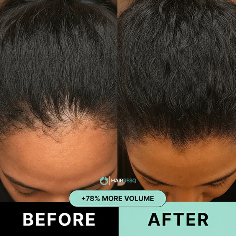 Before and after comparison of a person's scalp with dandruff on the left and clean scalp on the right.