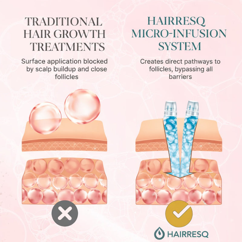 Comparison of traditional hair growth treatments and HairResq micro-infusion system on a pink background.